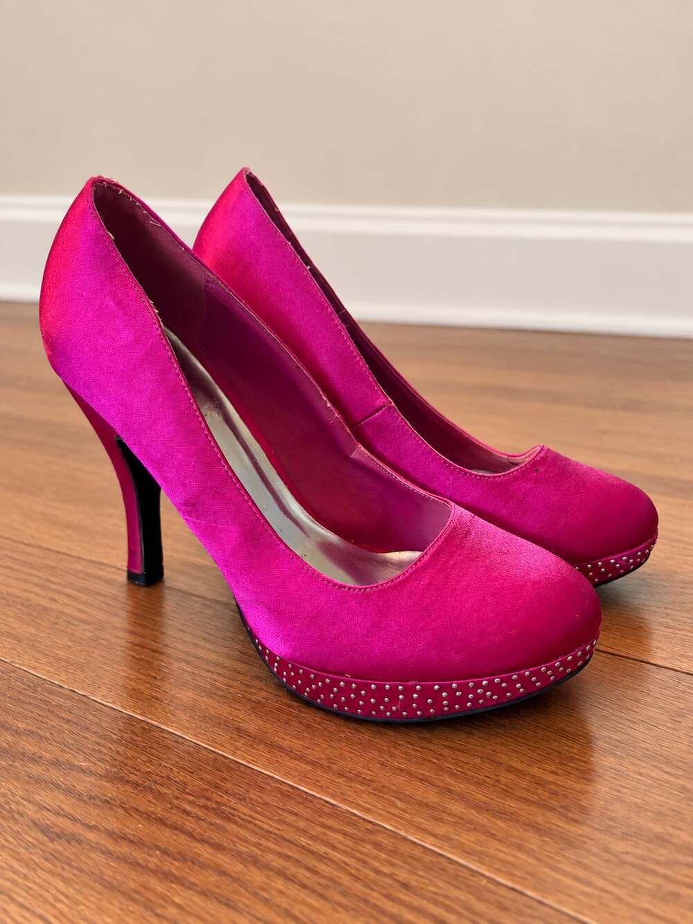 Manhattan Collection Hot Pink Satin Platform Stiletto Pumps with Studded Platfor